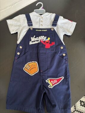 Vintage Sesame Street Navy Overalls with Elmo & Baseball Patches